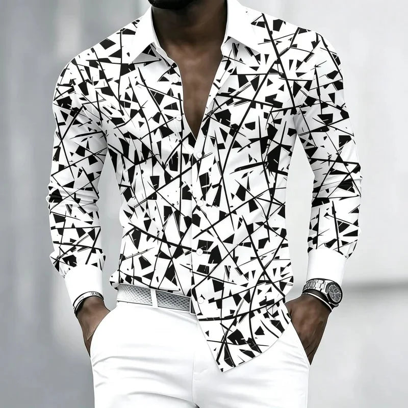 Men's Geometric Print Lapel Shirt Casual Long Sleeve