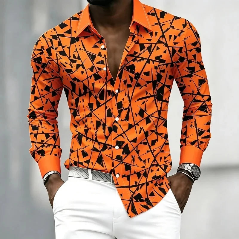 Men's Geometric Print Lapel Shirt Casual Long Sleeve