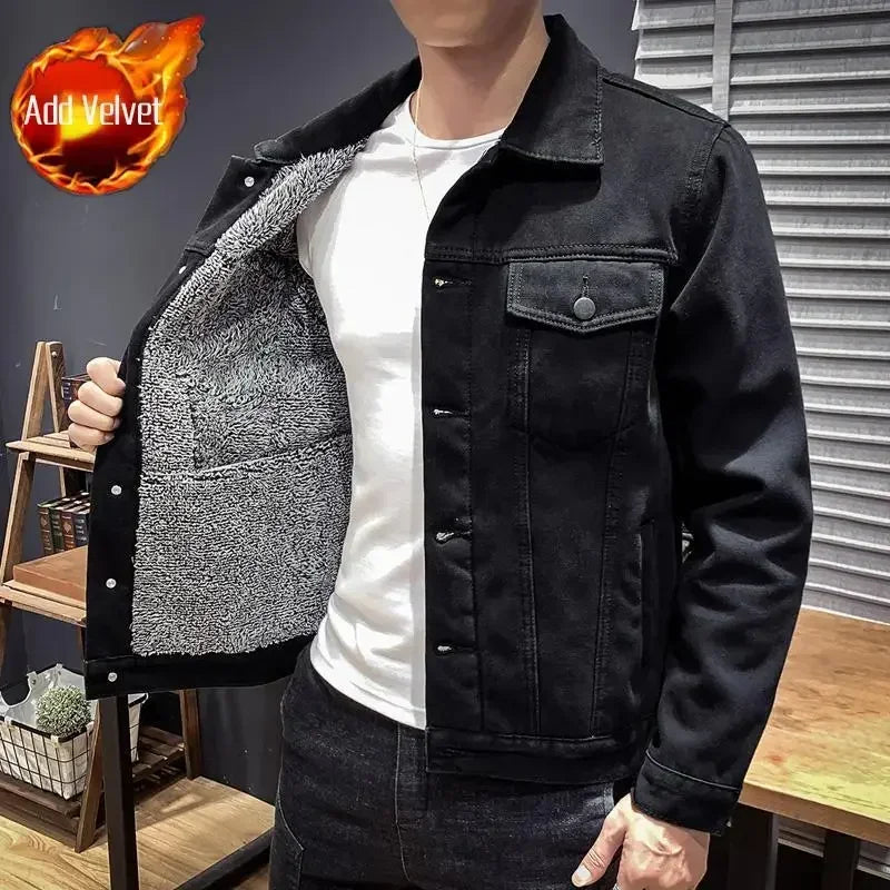 C-Black Coat (Plush) Color Men's Sherpa-Lined Denim Jacket – Warm Winter Coat