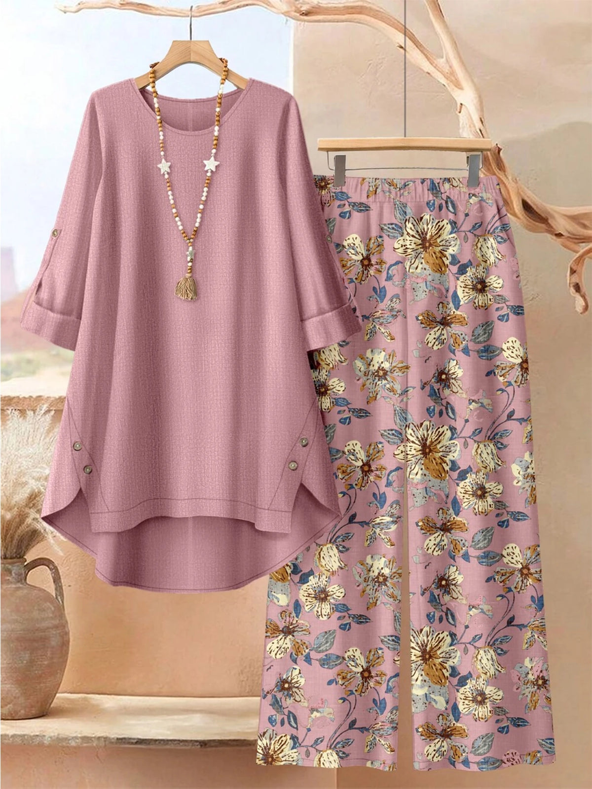 HJ400feng Color Plus Size Women’s Two Piece Set With Floral Wide Leg Pants