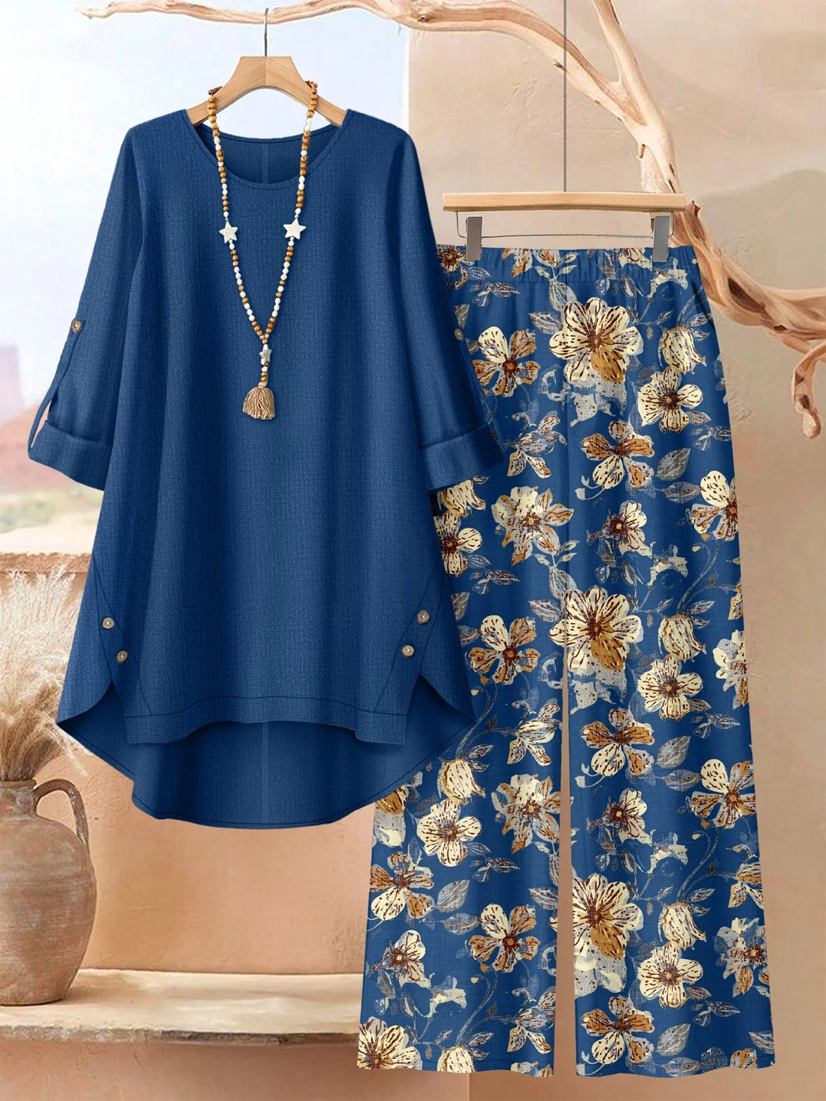 HJ400lan Color Plus Size Women’s Two Piece Set With Floral Wide Leg Pants