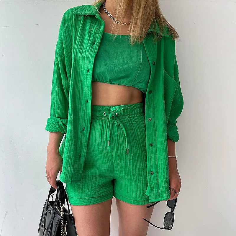 Women’s Printed Two-Piece Short Set Ruffle Blouse