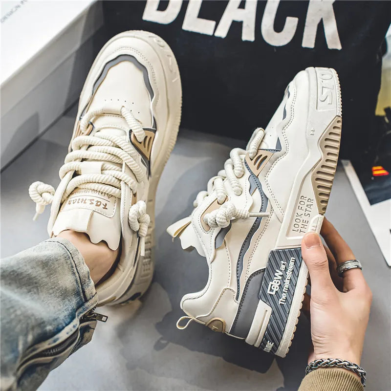 Beige (no plush) Color Men's Winter Plush Skate Sneakers Non-Slip Casual Shoes