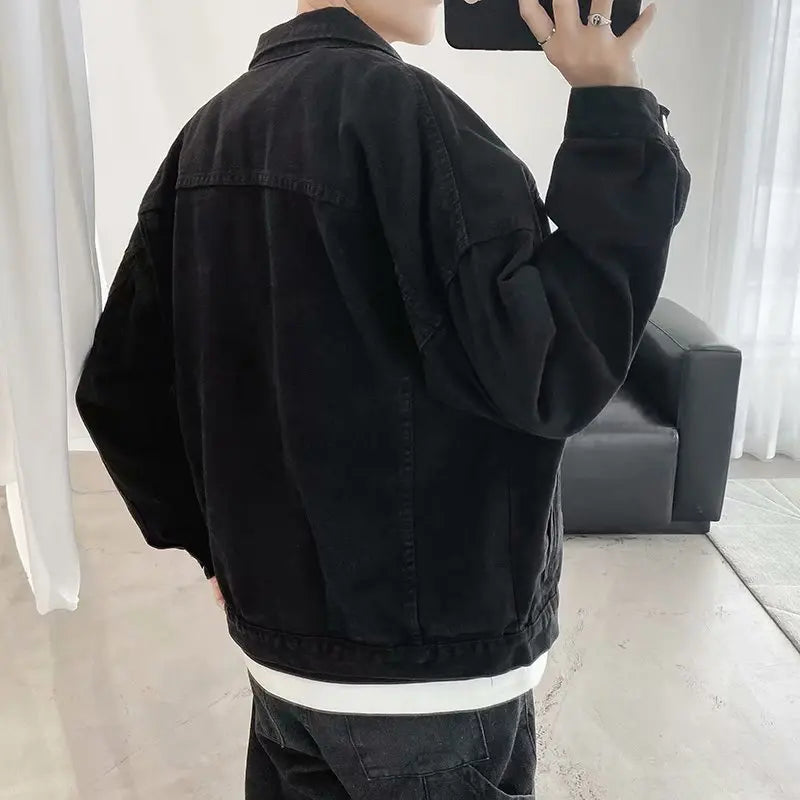 Men's Black Denim Jacket With Pockets, Short Streetwear