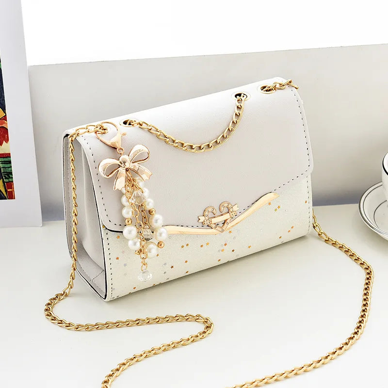 Women’s Sequin Box Shoulder Bag With Bow Chain Detail