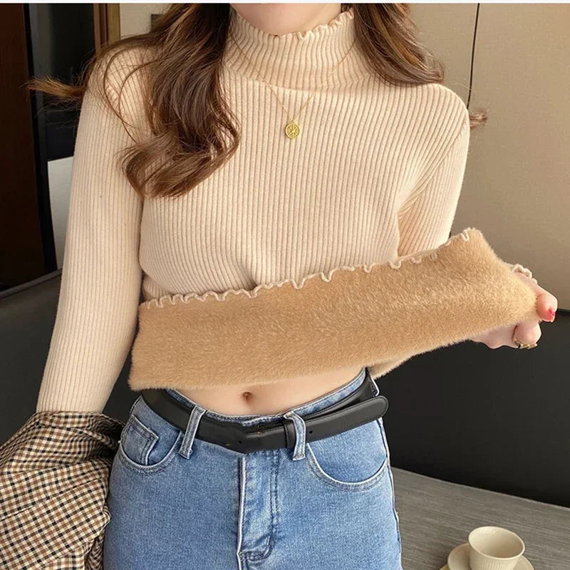Women’s Ruffled Mock Neck Thermal Knit Sweater