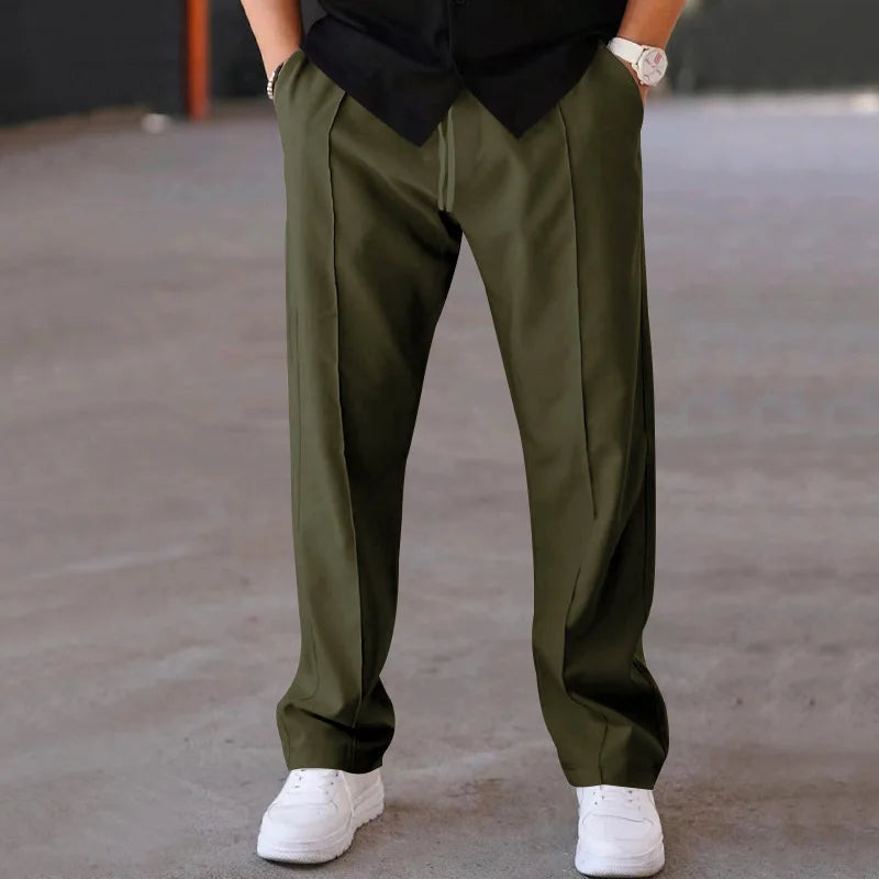 Army Green Color Men’s Casual Drawstring Pants Straight Leg Mid Waist
