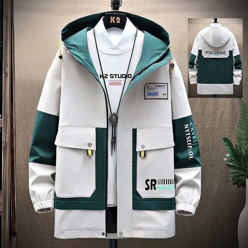 Men's Hooded Windbreaker Jacket – Casual Patchwork Style