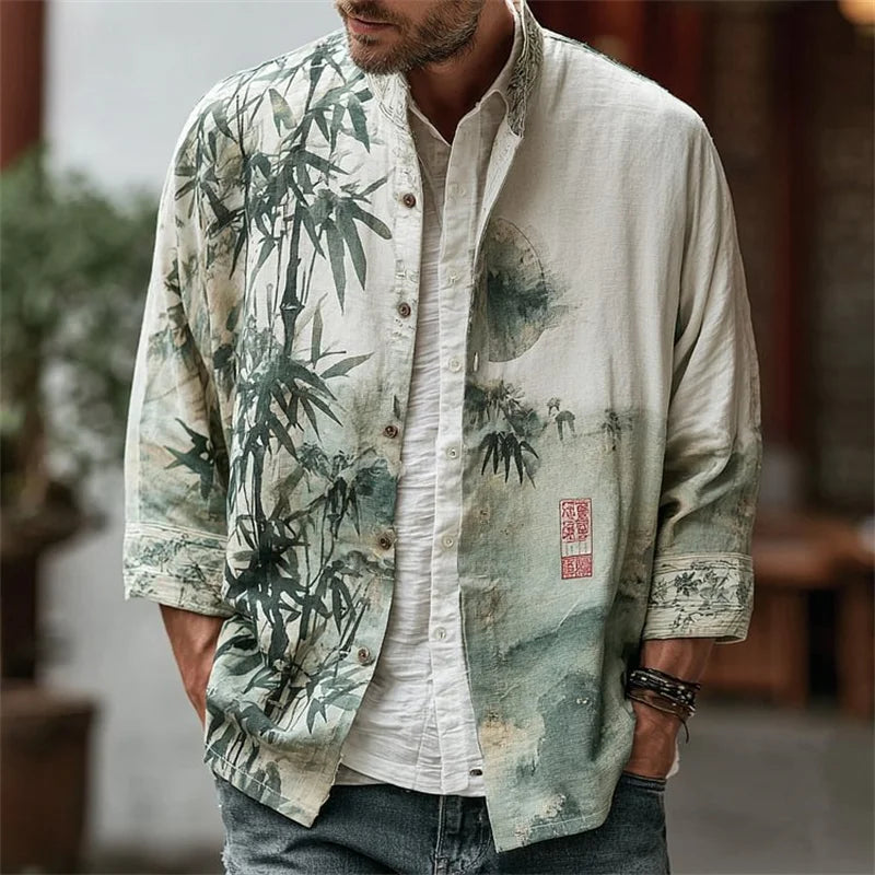 Men's Linen Bamboo Print Hawaiian Long Sleeve Shirt