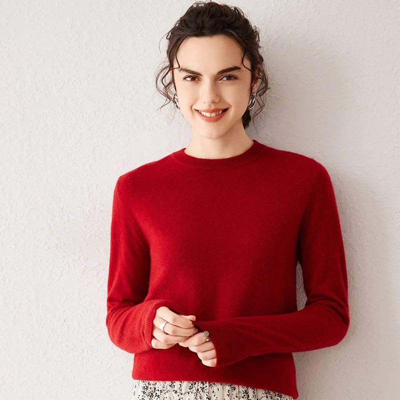 burgundy Color Women’s Cashmere Knit Sweater Crew Neck Long Sleeve