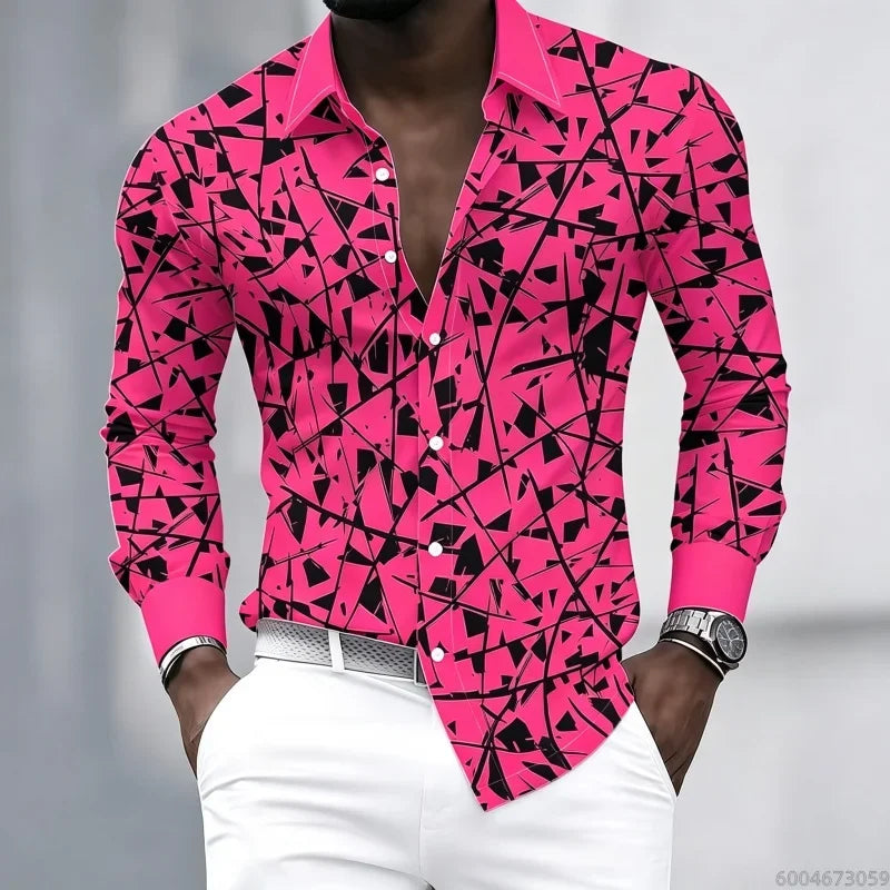 YCZWZW080798J Color Men's Geometric Print Lapel Shirt Casual Long Sleeve