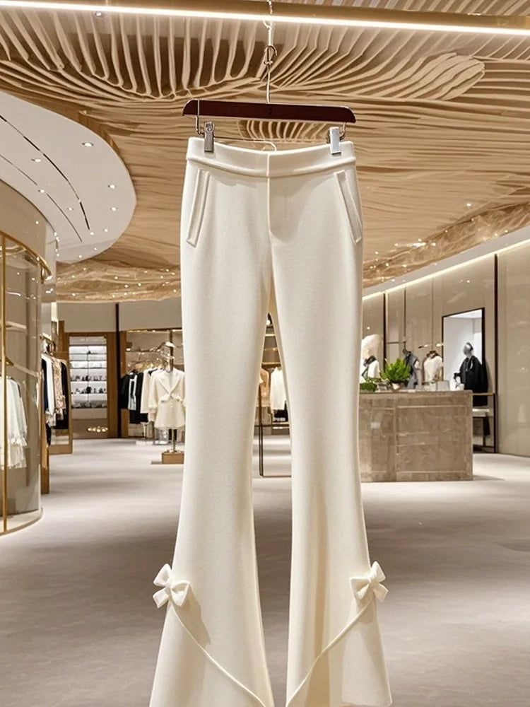 Women’s High Waist Knit Flare Pants With Bow Detail