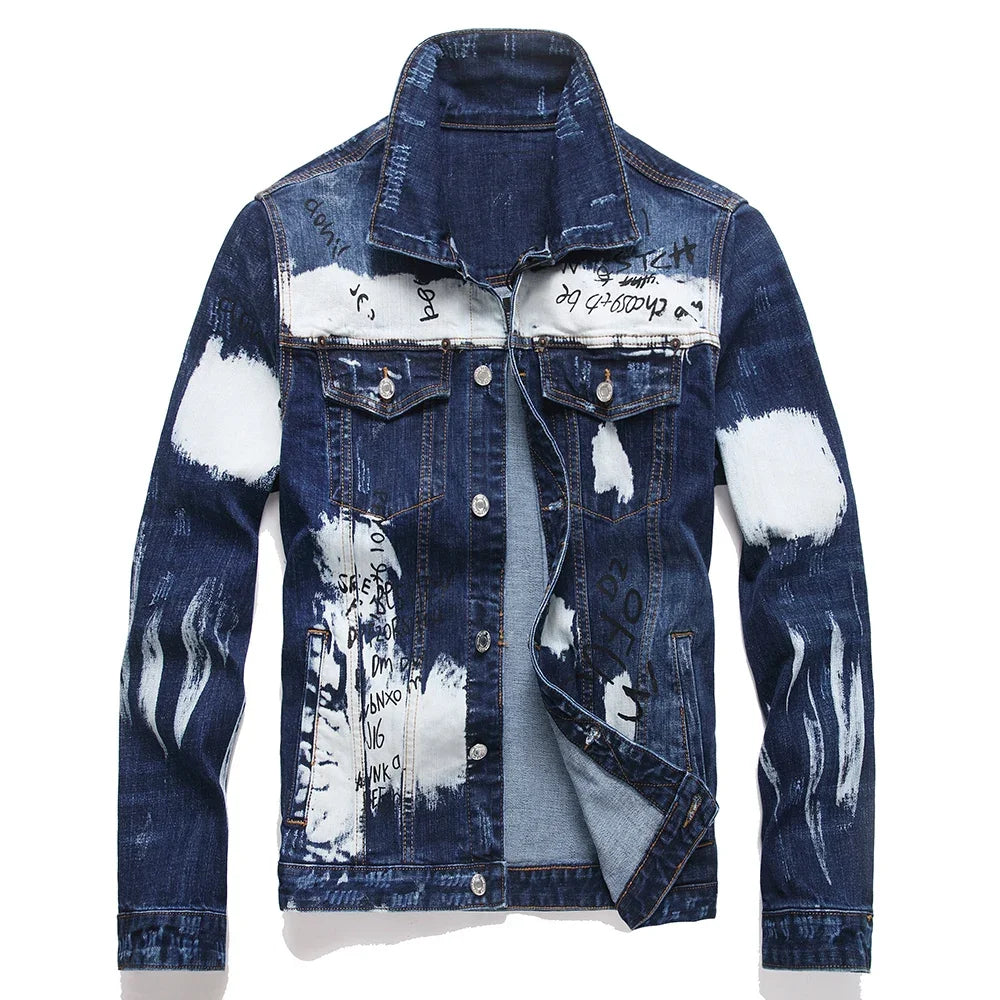 Blue Color Men's Slim Fit Denim Jacket With Graffiti Print