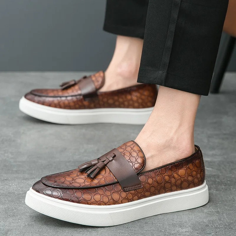 brown Color Men's Split Leather Tassel Loafers Casual Slip-On Shoes