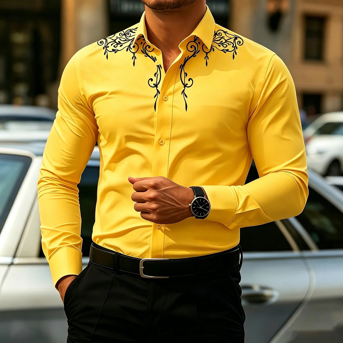 YCZWZW081238S Color Men's Retro Print Dress Shirt With Turn-Down Collar