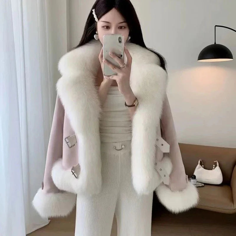 Women’s Faux Mink Fur Short Coat – Belted Winter Jacket