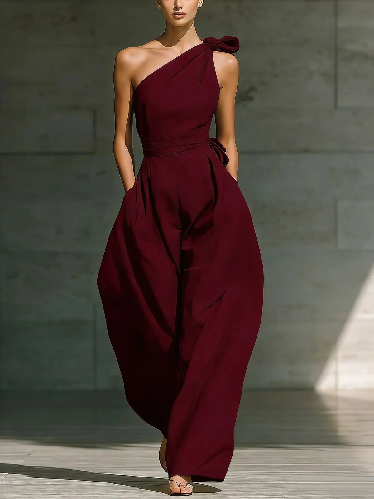 Burgundy Color Women’s One-Shoulder Wide-Leg Jumpsuit With Sash Belt