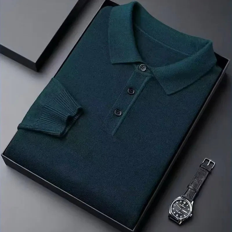 green Color Men's Wool Knit Polo Sweater – Warm Autumn Winter Top