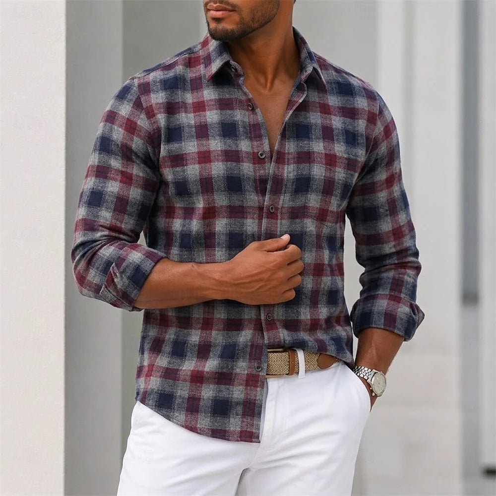 zw2036 Color Men’s Plaid Button-Down Shirt Casual Long Sleeve