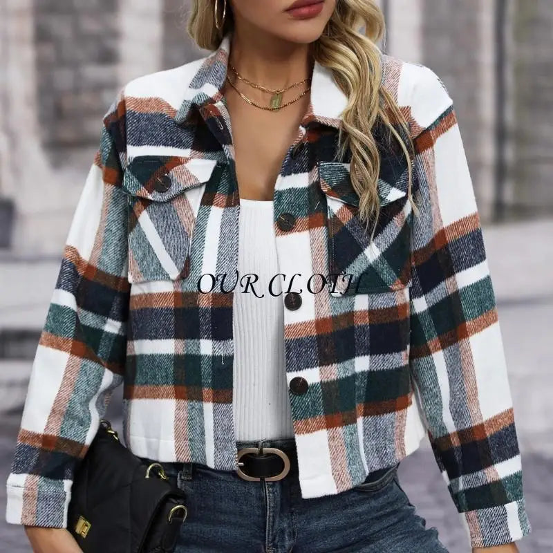 Women’s Plaid Wool Shacket Jacket – Button Down, Cropped