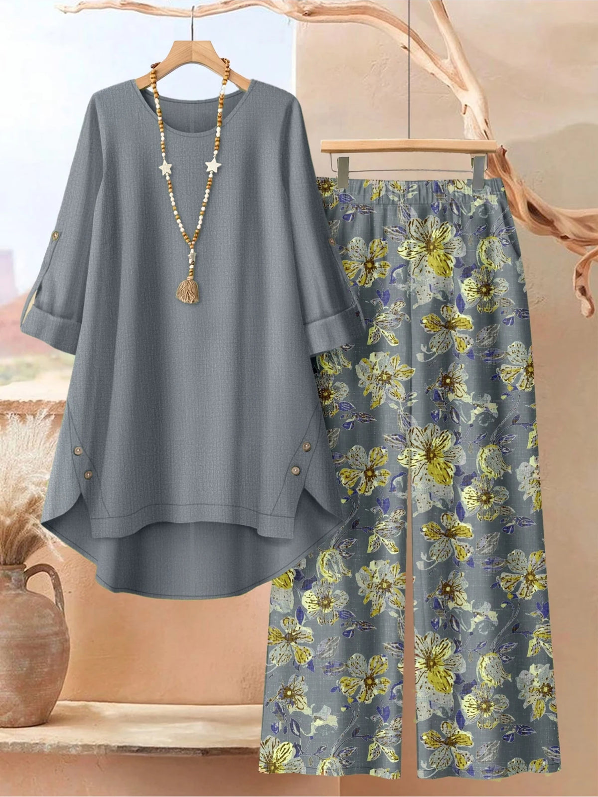 HJ400hui Color Plus Size Women’s Two Piece Set With Floral Wide Leg Pants