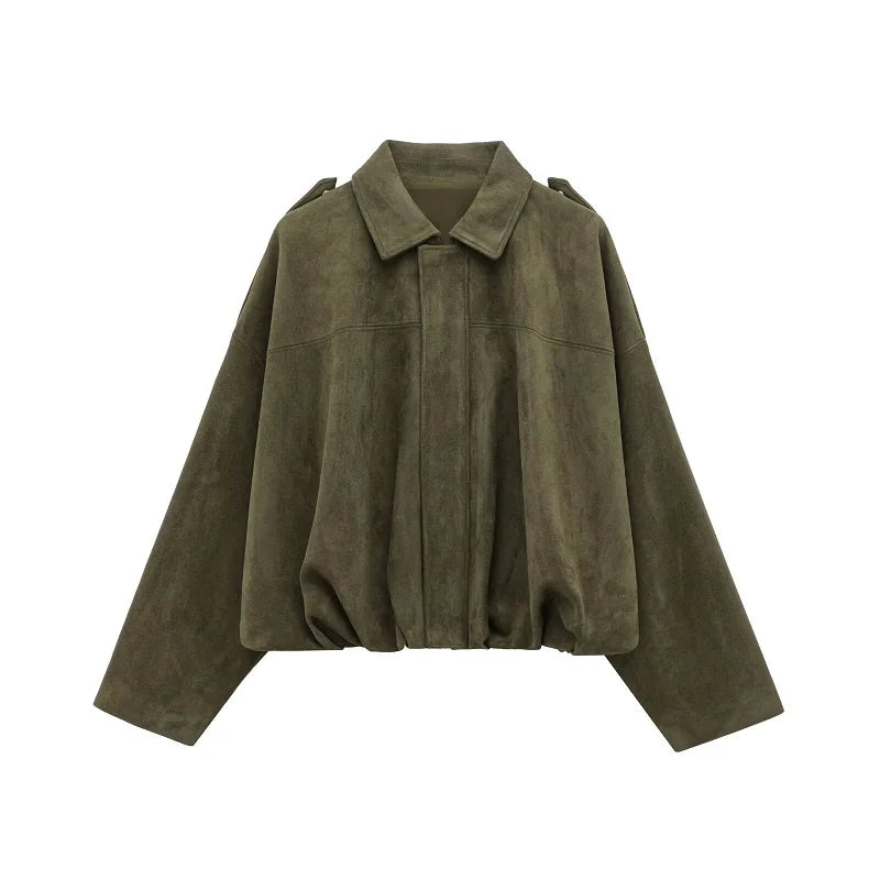 Women’s Faux Suede Bomber Jacket Zip-Up Oversized Coat