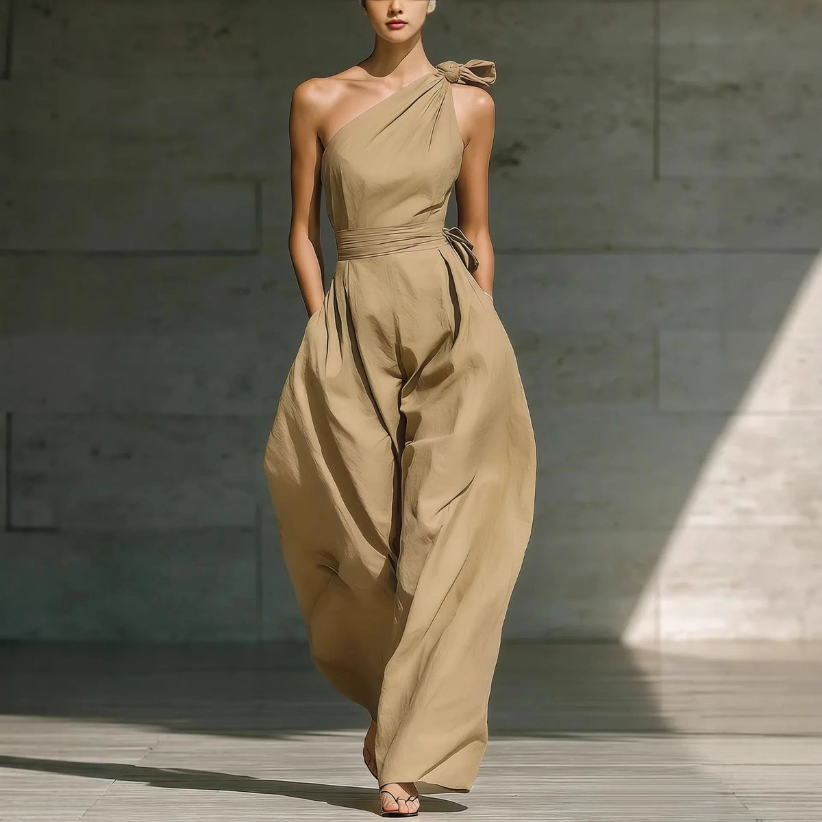 Women’s One-Shoulder Wide-Leg Jumpsuit With Sash Belt