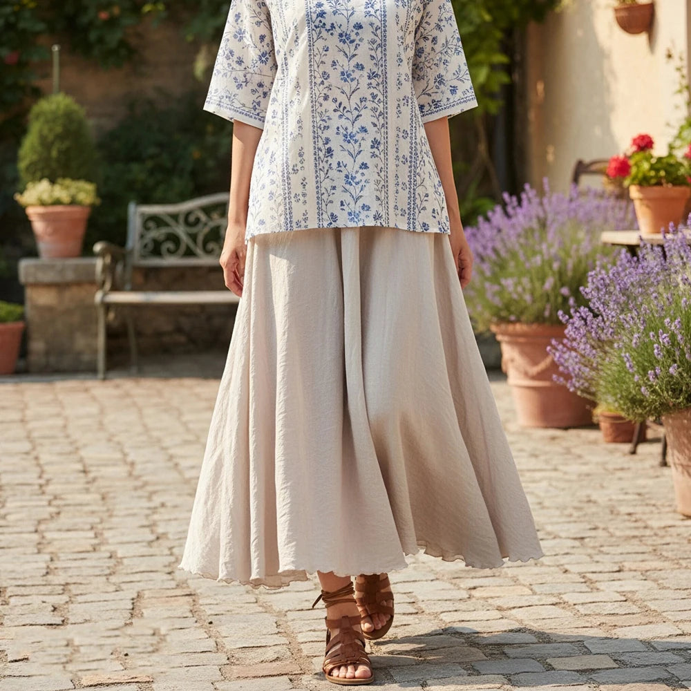H432   Apricot Color Women’s Pleated Chiffon A-Line Midi Skirt Elastic Waist