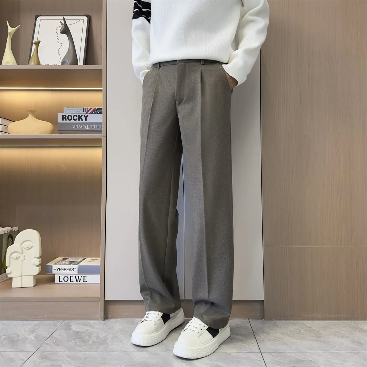 Light Brown Color Men’s Woolen Suit Trousers Solid Loose Straight Fit