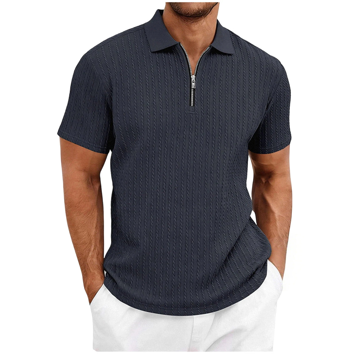 Navy Color Men’s Textured Half Zip Short Sleeve Casual Shirt