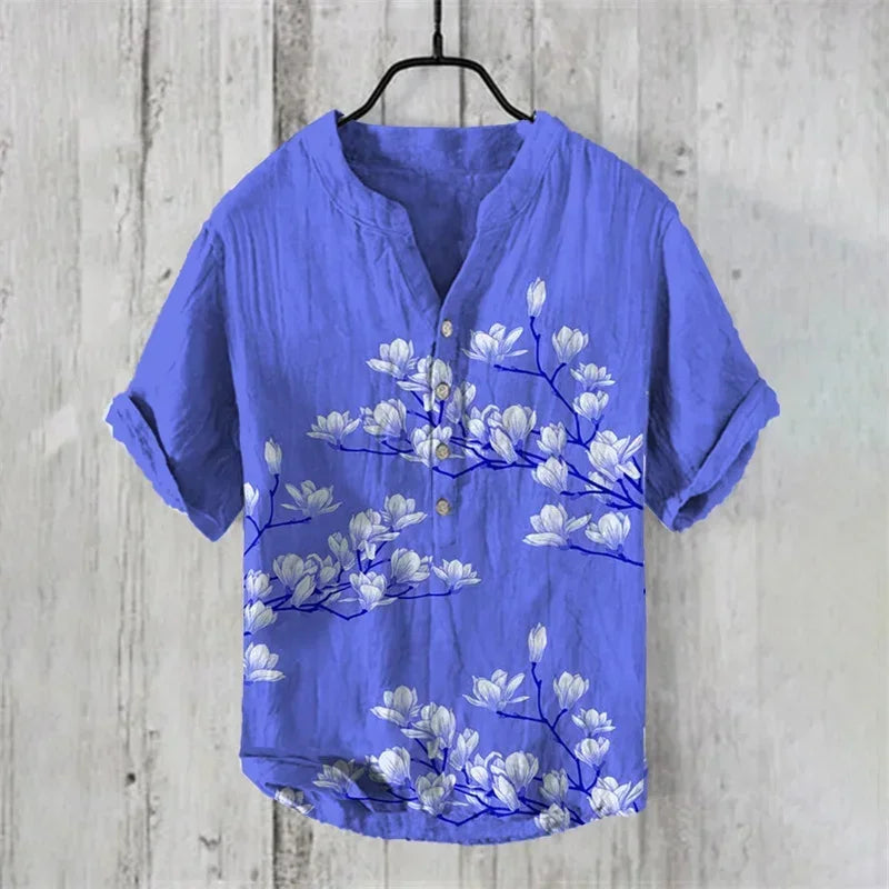 ARU219 Color Men’s Linen Casual V-Neck Short Sleeve Beach Shirt