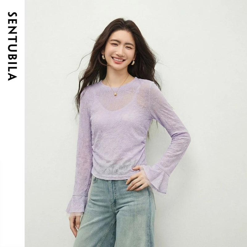 Purple Tops Color Women’s Lace Mesh T-Shirt Round Neck Flare Long Sleeves