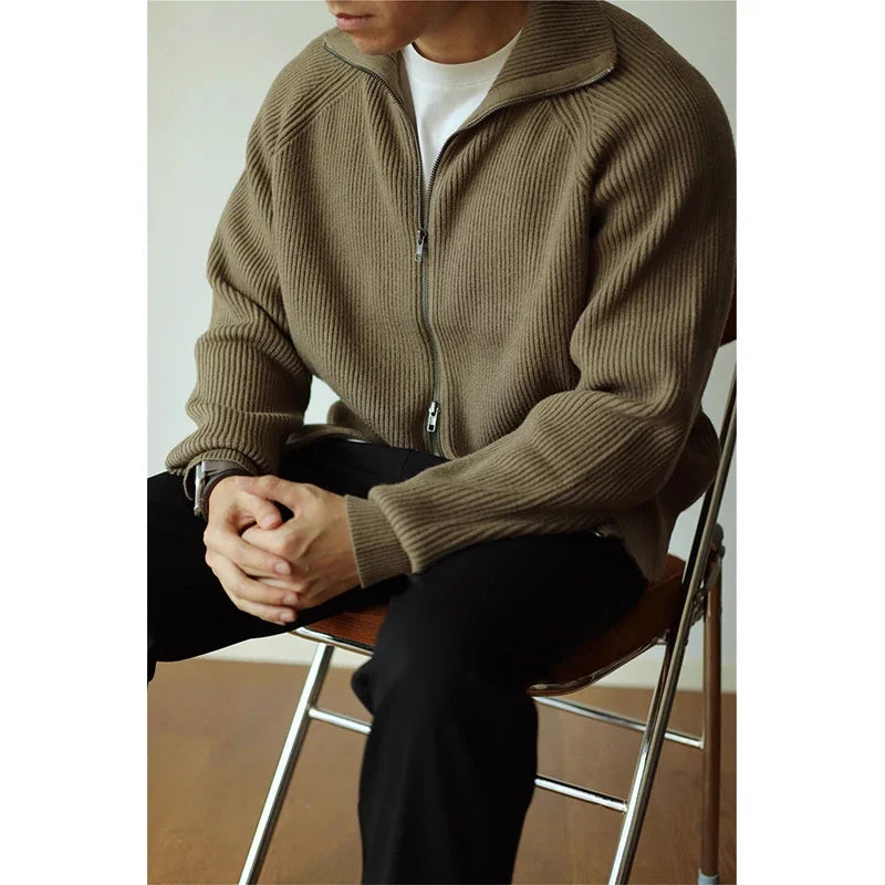 Gray green Color Men’s Zip-Up Knitted Cardigan – Warm Anti-Pilling Design