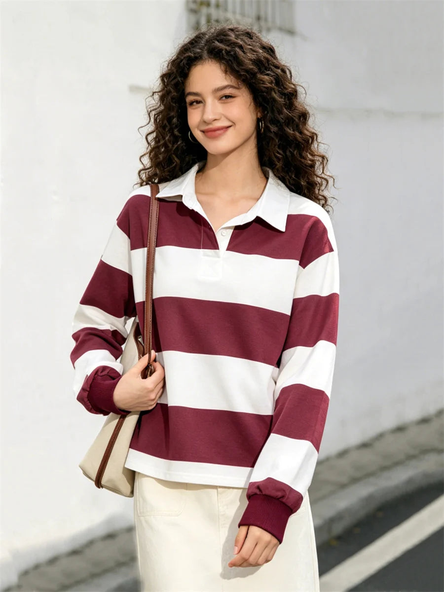 Women’s Striped Turn-Down Collar Long Sleeve Tee