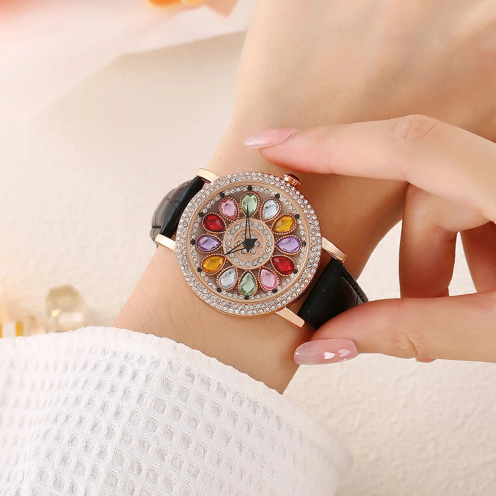 Women’s Quartz Dress Watch With Rhinestone Rotating Dial