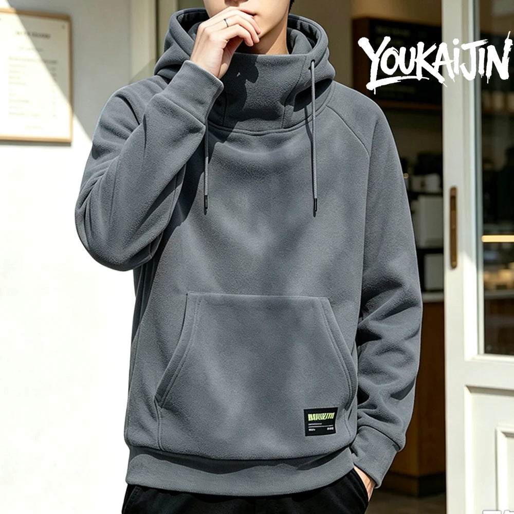 grey Color Men's Fleece Hoodie Sweatshirt Solid Color Pullover