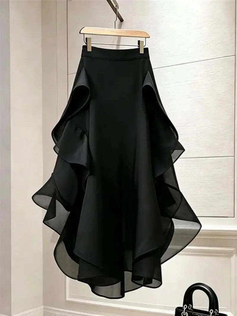 Women’s High Waist Mesh Midi Skirt – Irregular Ruffle Hem