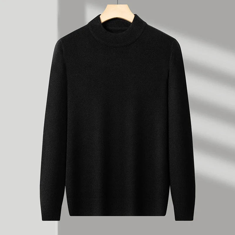 black Color Men's Mock Neck Knit Sweater Pullover for Autumn Winter