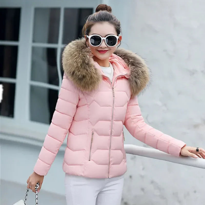 Pink yellow hair Color Women’s Hooded Winter Parka Jacket With Cotton Filling