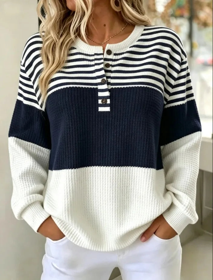 Navy blue Color Women’s Striped Waffle Knit Pullover – Loose Casual Fit