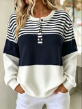 Navy blue Color Women’s Striped Waffle Knit Pullover – Loose Casual Fit