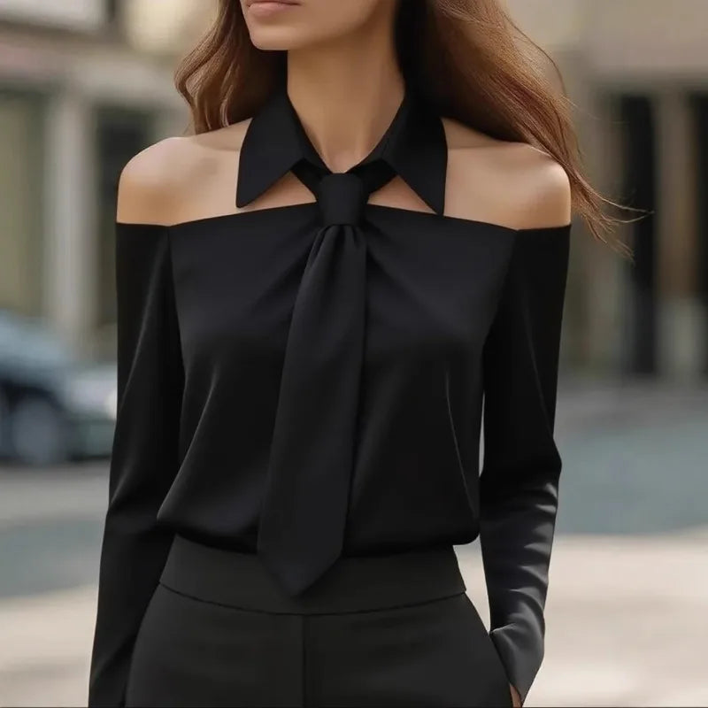Women’s Solid Casual Tie Front Blouse With Collar