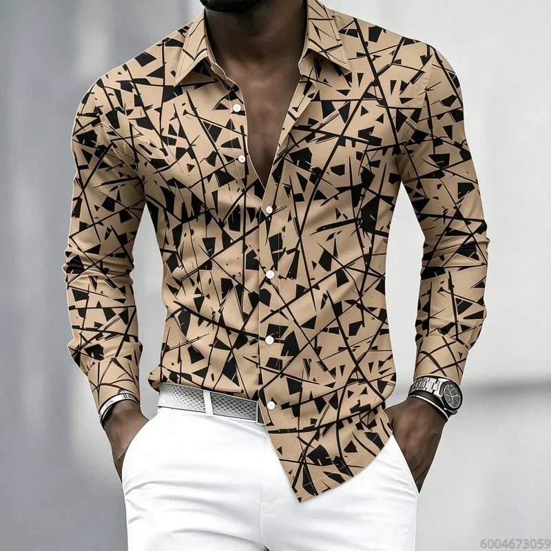 YCZWZW080798D Color Men's Geometric Print Lapel Shirt Casual Long Sleeve