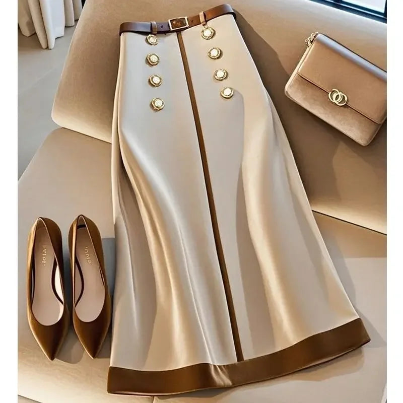 Elegant Patchwork A-Line Midi Skirt with Belt