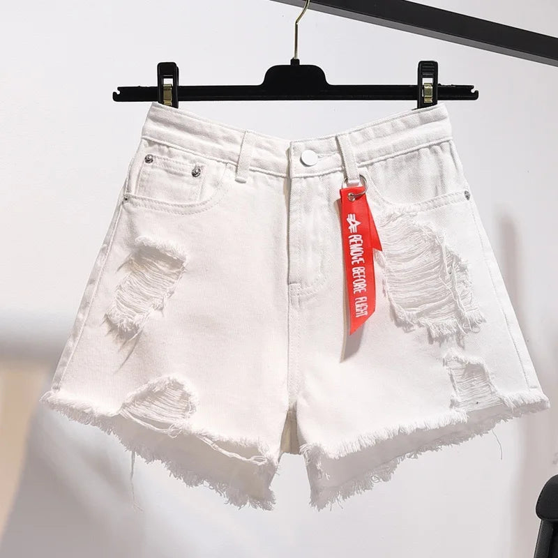 Women’s High Waist Denim Shorts With Tassel Hem