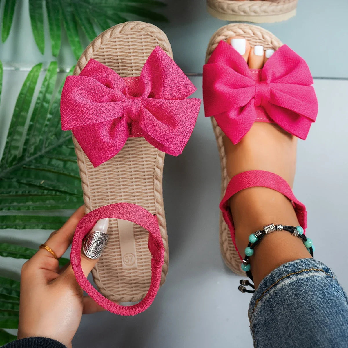 Rosy Red Color Women’s Flat Beach Sandals Slip-On With Bow Strap