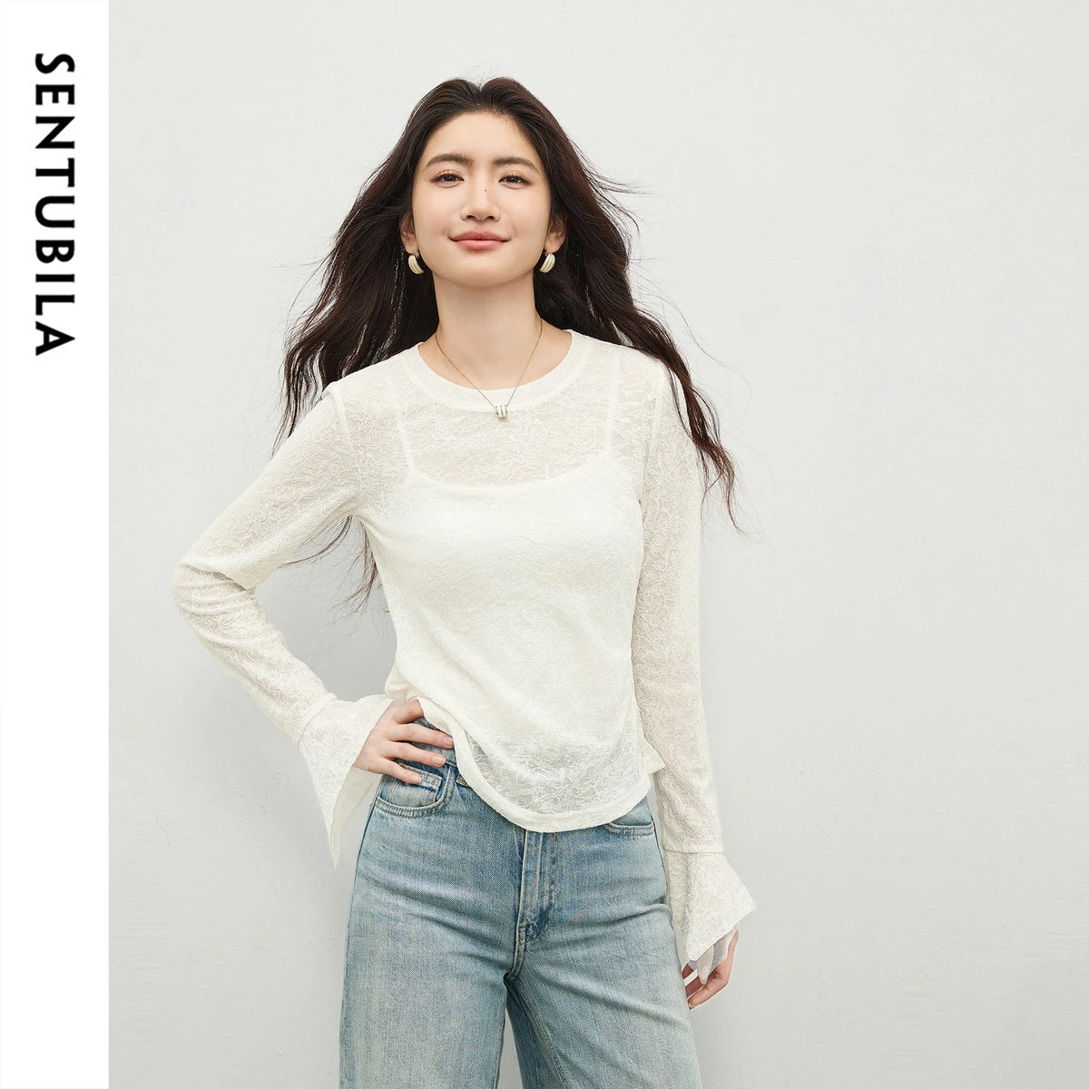Women’s Lace Mesh T-Shirt Round Neck Flare Long Sleeves