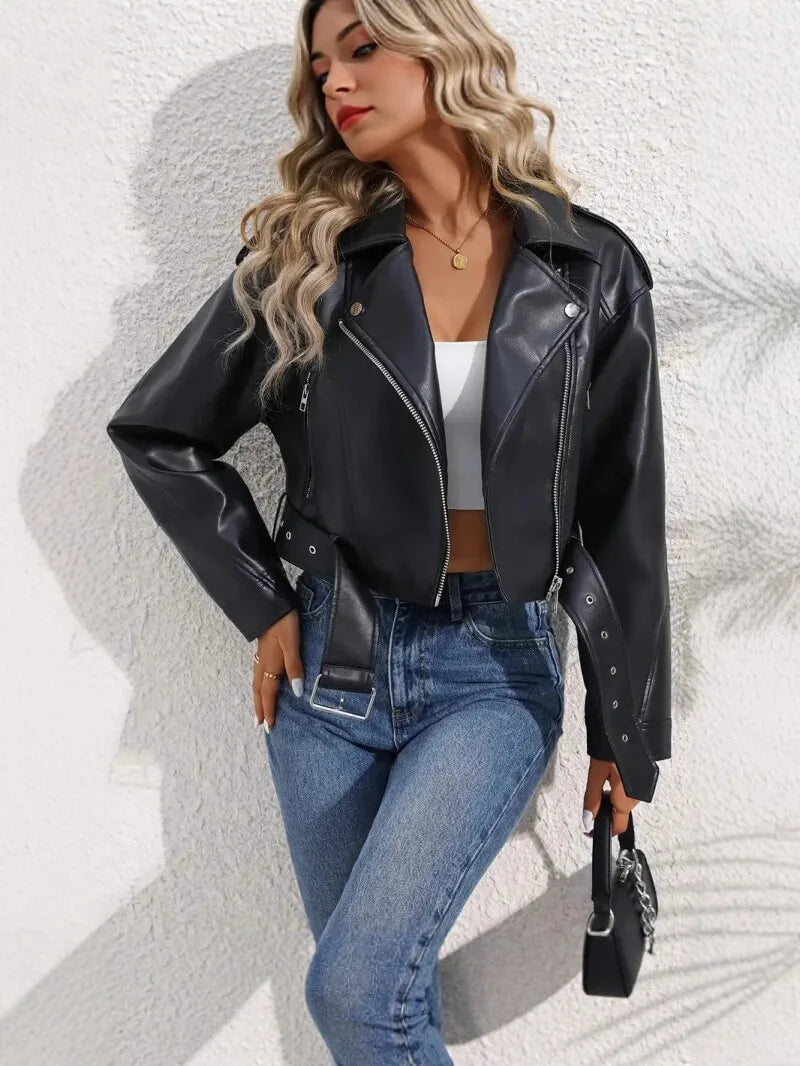 Women’s Faux Leather Moto Jacket With Zipper Details