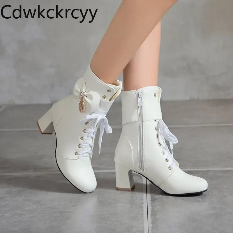 Women’s Round-Toe High Heel Ankle Boots With Bow