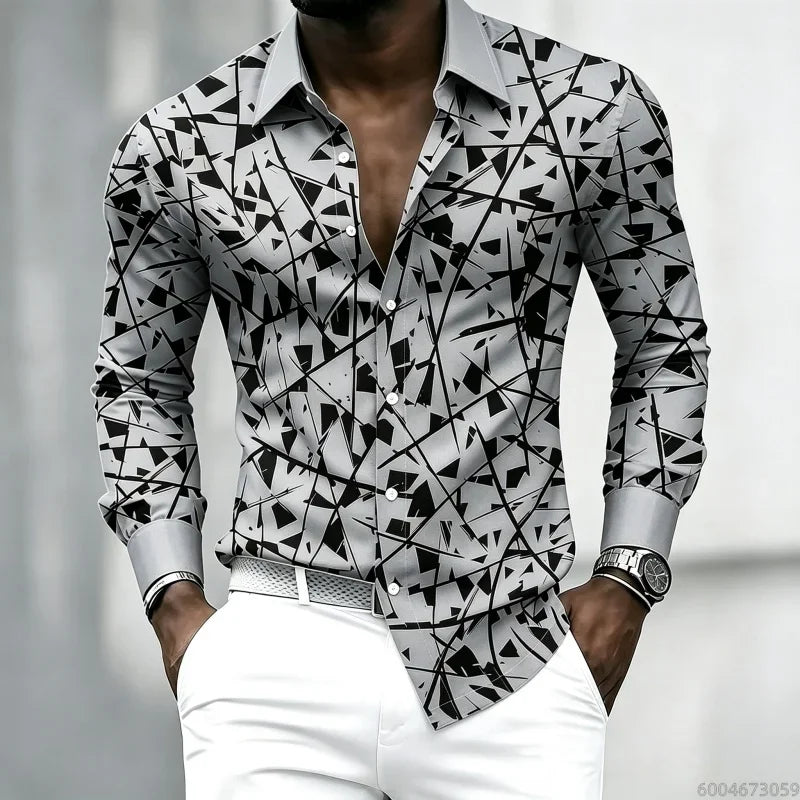 YCZWZW080798T Color Men's Geometric Print Lapel Shirt Casual Long Sleeve